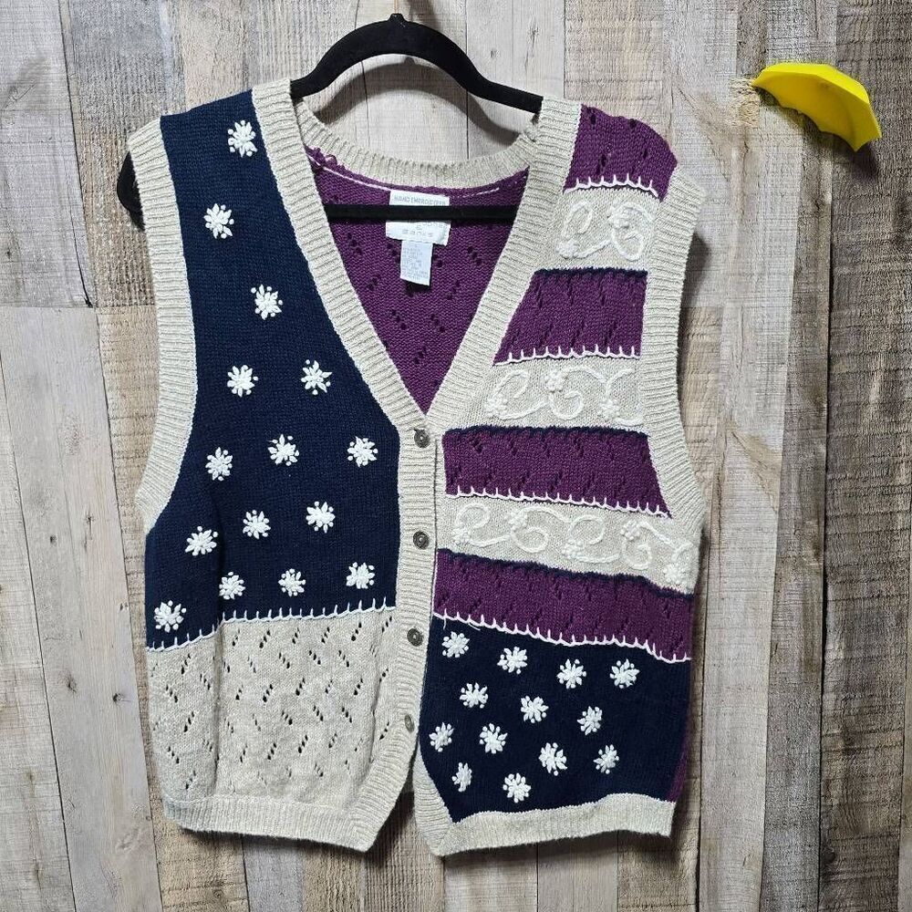 Christopher & Banks Vintage USA Flag Hand Embroidered Americana Knit Vest